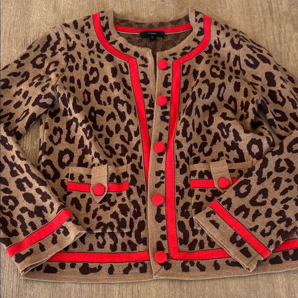 J. Crew Brown Leopard Knit Cardigan with Coral Trim